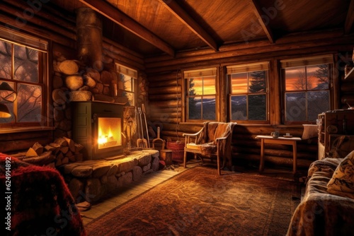 warm fireplace with crackling fire inside cabin, created with generative ai