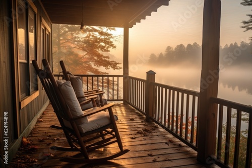 cabin porch with rocking chairs overlooking a misty lake, created with generative ai © altitudevisual