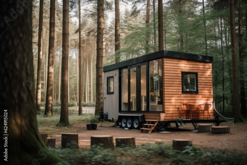 tiny home on wheels  parked in tranquil forest  created with generative ai