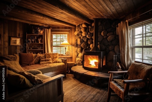 warm fireplace inside a wooden cabin, created with generative ai
