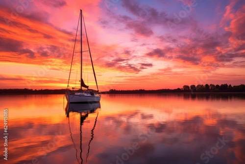 sailboat silhouette against a vibrant sunset sky, created with generative ai