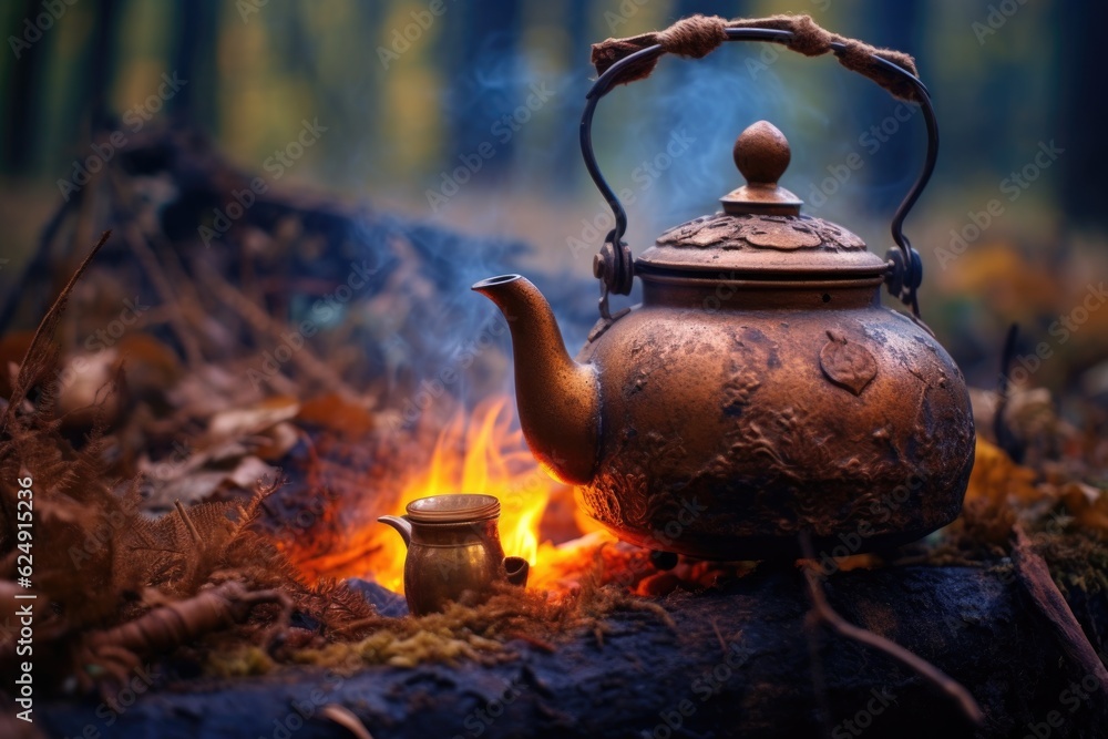 herbal tea ingredients spread around campfire, created with generative ai herbal tea ingredients spread around campfire, created with generative ai