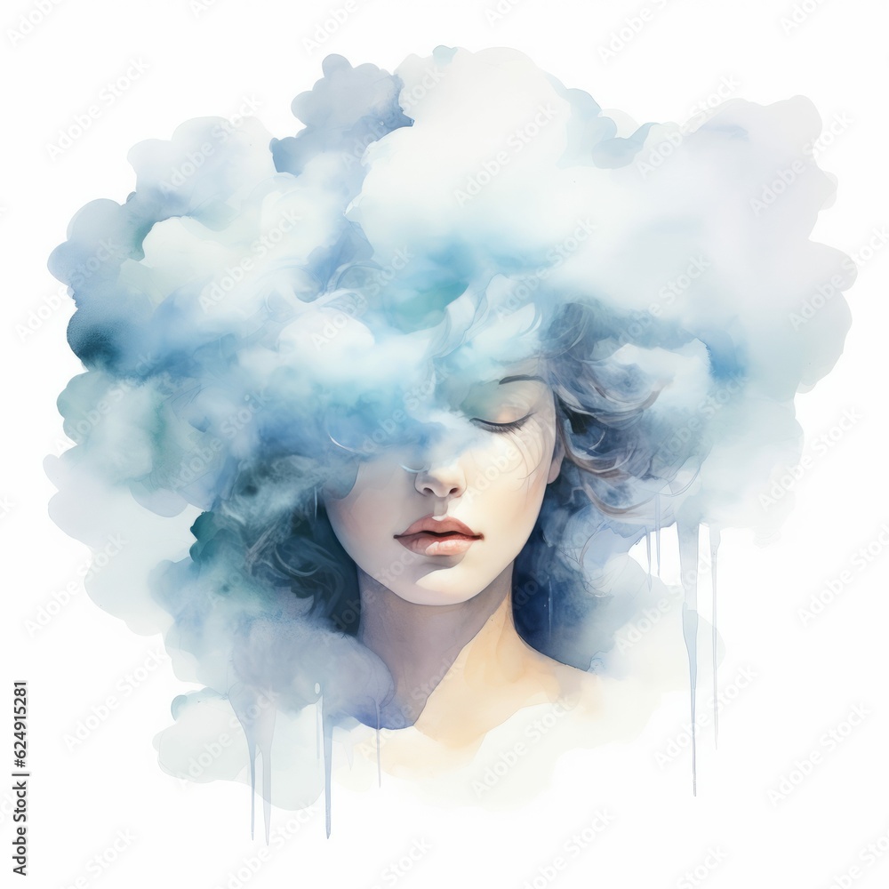 Sad-Looking Woman with Head in a Cloud, Watercolor-Style Isolated Illustration
