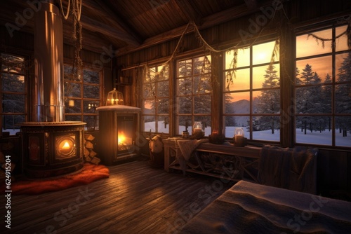 winter cabin illuminated by warm interior light, created with generative ai © altitudevisual