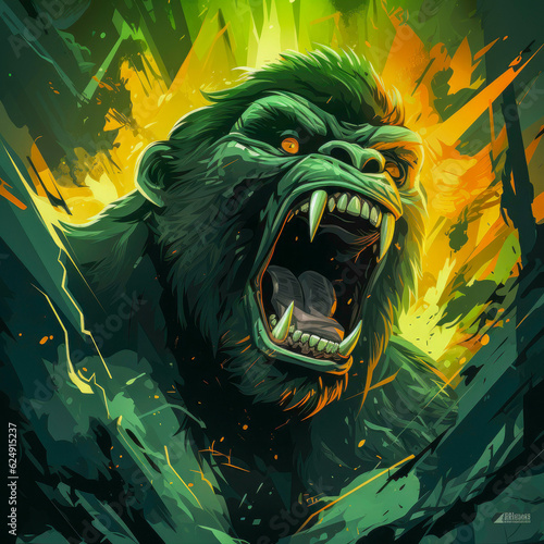 Fury Unleashed Bold Outline Angry Gorilla Illustration Trashcore with Luminous Shadowing in Green and Black photo