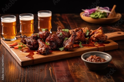glazed bbq chicken wings with beer flight selection, created with generative ai
