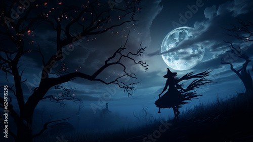 Canvastavla Halloween witch silhouette flying moon new quality universal colorful technology