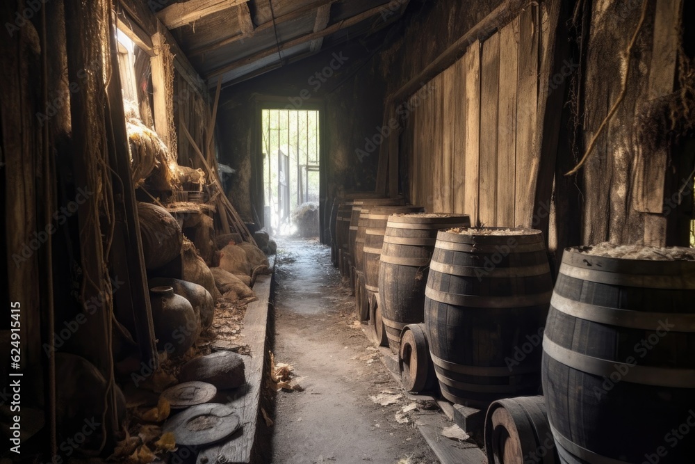 row of old barrels in a rustic cellar, created with generative ai row of old barrels in a rustic cellar, created with generative ai