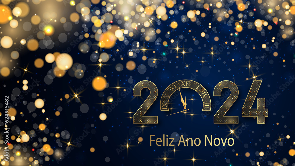 cartão ou banner para desejar um feliz ano novo 2024 em ouro o 0 é um relógio em um fundo gradiente azul escuro com estrelas e círculos na cor dourada no efeito bokeh - obrazy, fototapety, plakaty 