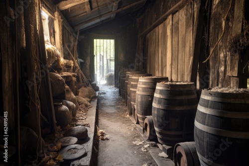 row of old barrels in a rustic cellar, created with generative ai