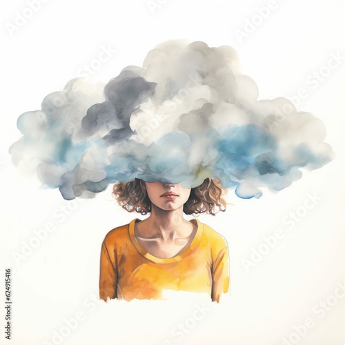 White Woman in Yellow Shirt with Cloud Over Head Symbolizing Depression, Brain Fog, Grief, or Mental Illness photo