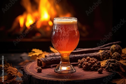 craft beer in a glass with campfire flames reflecting, created with generative ai