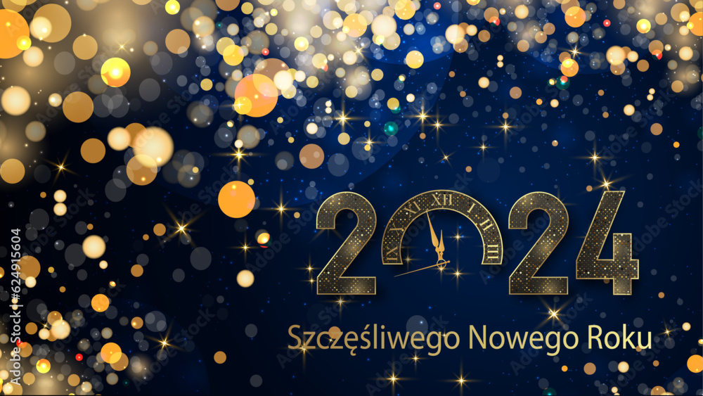karta lub baner, aby życzyć szczęśliwego nowego roku 2024 w złocie 0 to zegar na ciemnoniebieskim tle gradientu z gwiazdami i kółkami w kolorze złotym z efektem bokeh - obrazy, fototapety, plakaty 