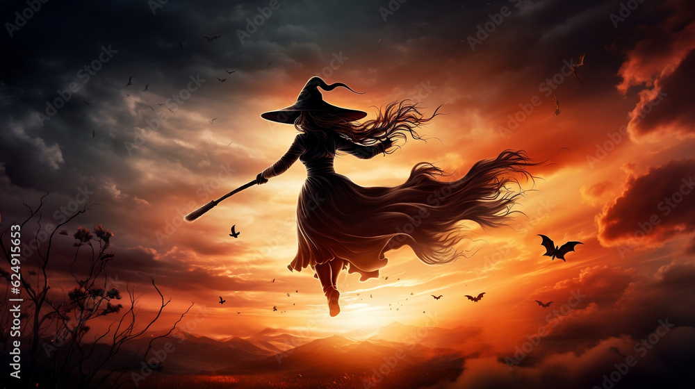Halloween witch silhouette flying moon new quality universal colorful technology image illustration design, generative ai Halloween witch silhouette flying moon new quality universal colorful technology image illustration design, generative ai