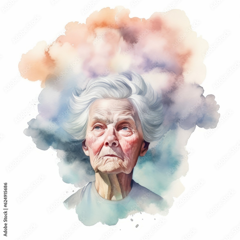Elderly Woman with Cloud Around Head Symboling Mental Illness, Depression, Dementia, Memory Loss Elderly Woman with Cloud Around Head Symboling Mental Illness, Depression, Dementia, Memory Loss