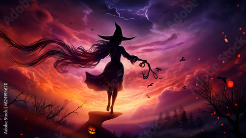 Halloween witch silhouette flying moon new quality universal colorful technology image illustration design  generative ai