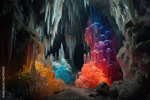 colorful crystal formations in dark cave setting, created with generative ai © altitudevisual
