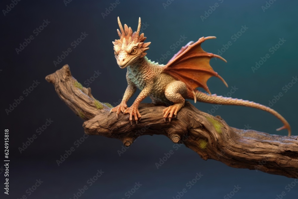 tiny dragon perched on a branch, sunbathing, created with generative ai