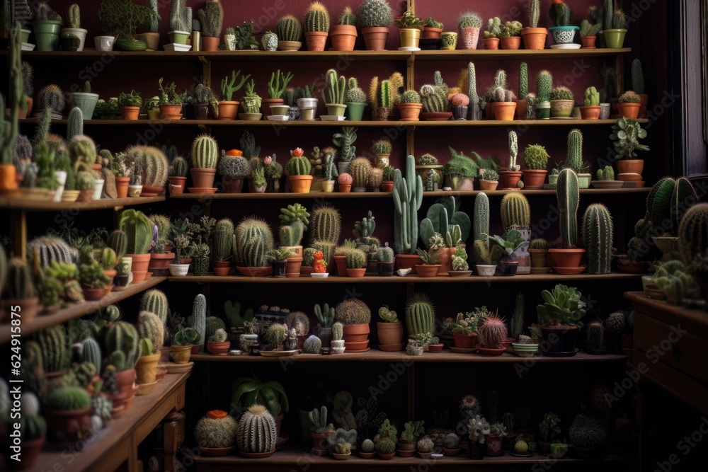 collection of various potted mini cacti on shelves, created with generative ai