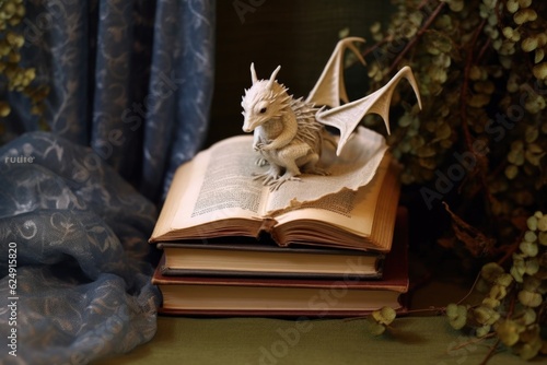 mini dragon curled up with a book of fairy tales, created with generative ai