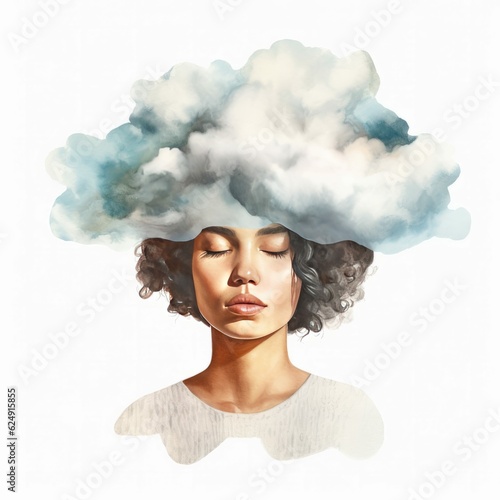 Latina Woman with Head in Cloud Symbolizing Depression, Grief, Mental Illness. Watercolor-Style Illustration © Visionarily