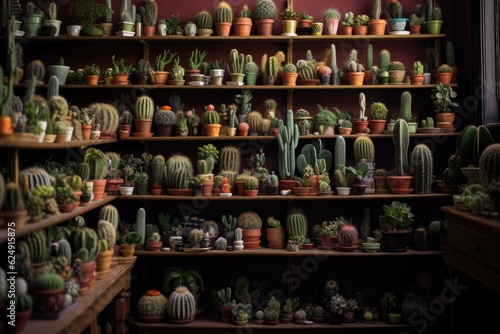collection of various potted mini cacti on shelves, created with generative ai © Alfazet Chronicles