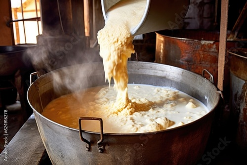 cheese making process, curdled milk in container, created with generative ai photo