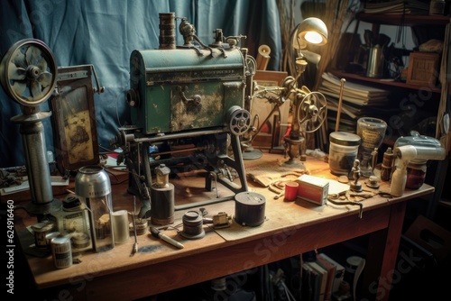vintage film development equipment on table, created with generative ai © altitudevisual