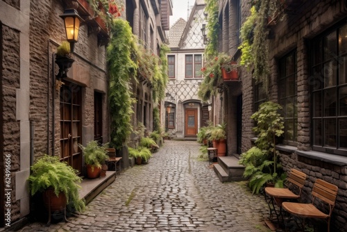 cozy european-style alleyway with cobblestone pavement, created with generative ai
