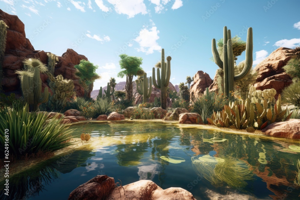 wide-angle shot of a desert oasis with cacti, created with generative ai