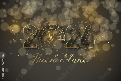 carta o banner per augurare un felice anno nuovo 2024 in grigio e oro lo 0 è sostituito da un orologio su sfondo grigio con glitter oro e stelle e cerchi in effetto bokeh photo