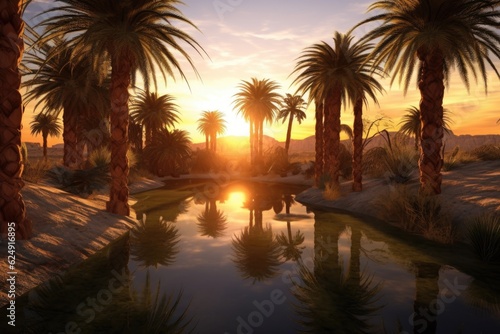 palm trees casting shadows on a desert oasis at sunset  created with generative ai