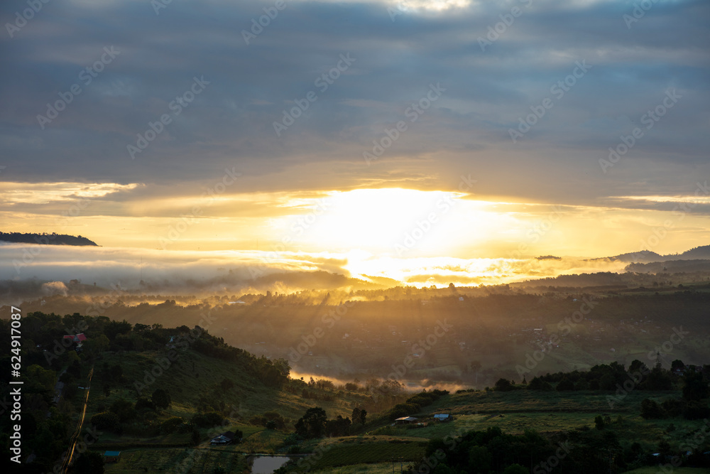 Beautiful natural view sunrise over mountain and hill.