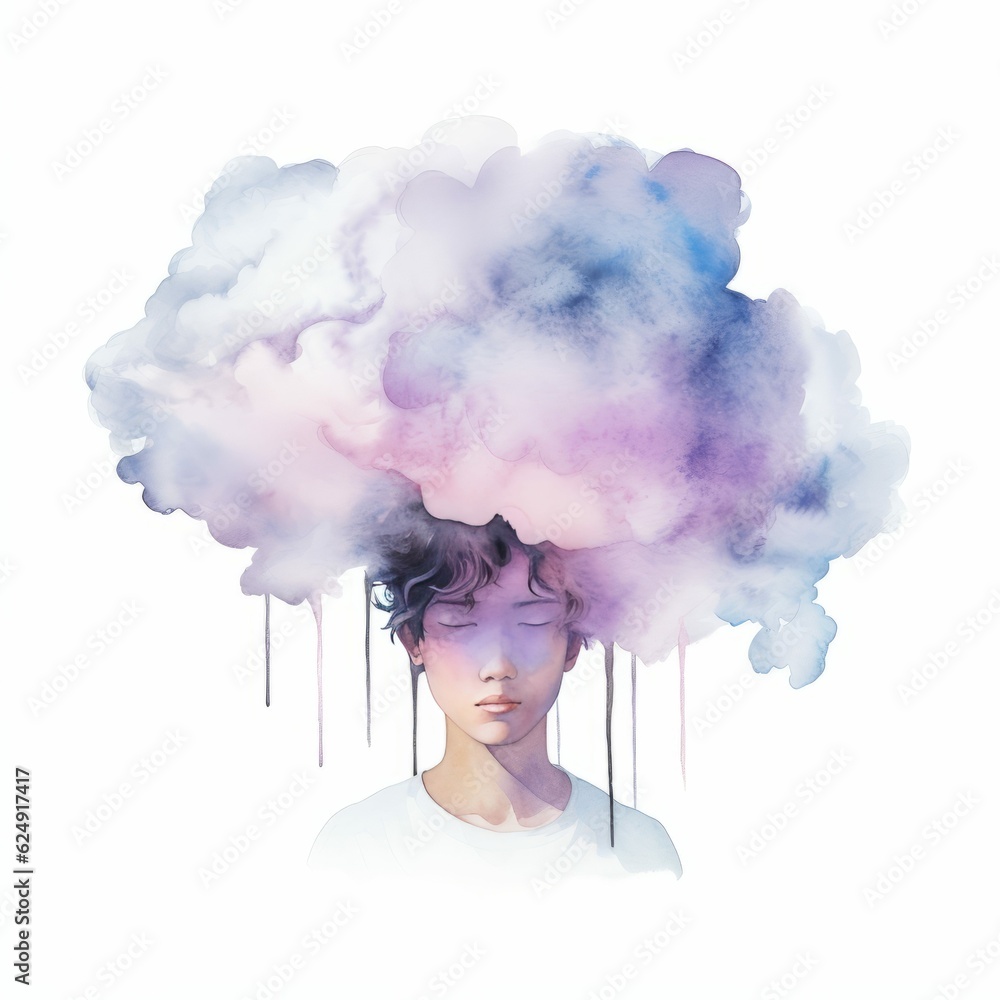 Young Person with Cloud On Head Symbolizing Depression, Grief, Mental Illness, Brain Fog