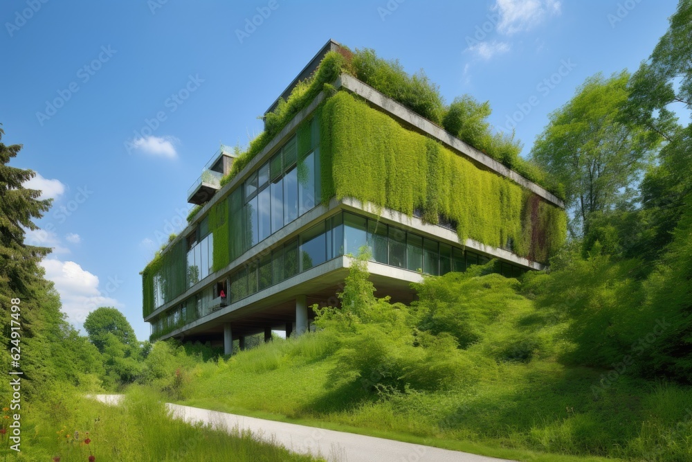 modern building, surrounded by lush greenery, with clear blue sky in the background, created with generative ai