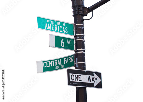 Central Park South and Sixth Avenue street signs in New York City. Transparent background. © DW labs Incorporated