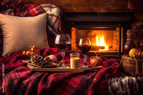 warm fireplace setting with mulled wine and cozy blanket, created with generative ai