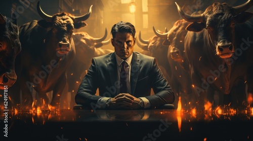 a businessman sits at his desk with bulls standing around him. trading, bull. Generative Ai