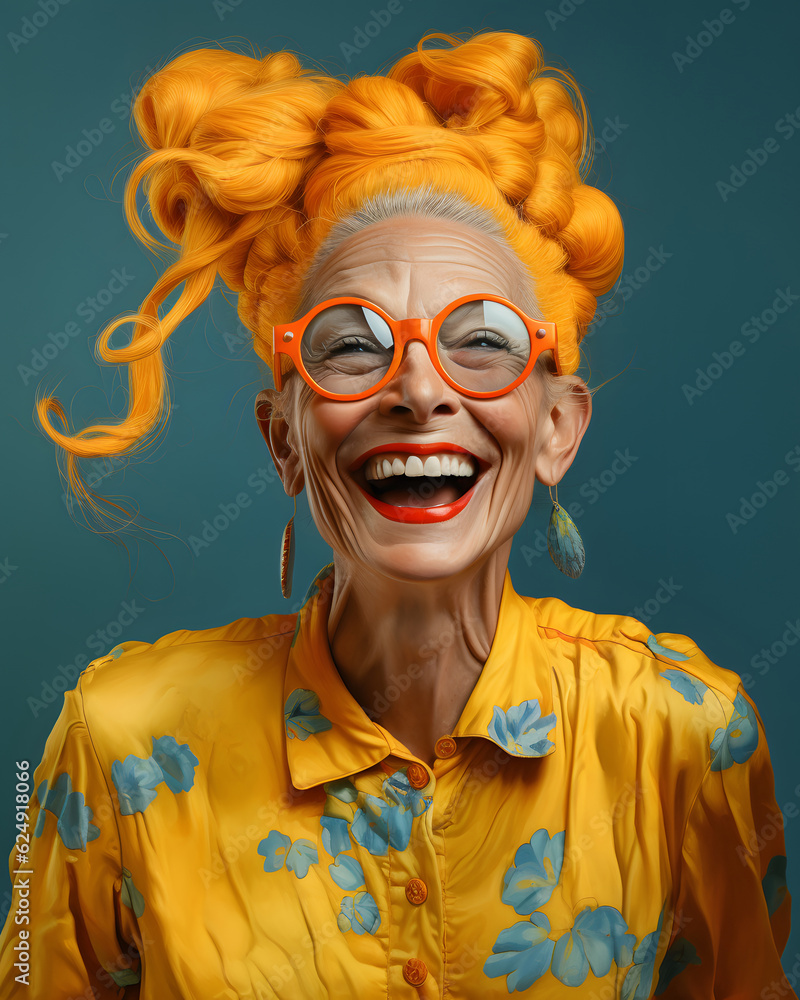 A cheerful grandmother with bright orange hair and a big smile in a colorful old shirt. Healthy aging idea. 
