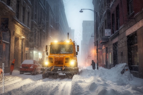 snow plow making way through a snowstorm in the city, created with generative ai