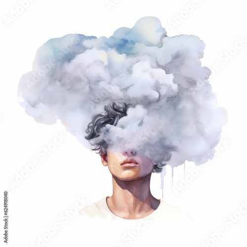 Watercolor-Style Portrait of Young Person Partially Obscured by Cloud Symbolizing Mental Illness