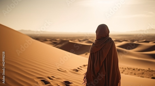 Arabian woman walking in the desert dunes. Saharan landscape