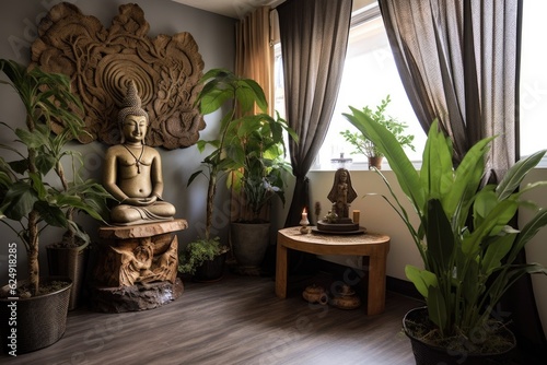 zen garden corner with buddha statue in yoga studio, created with generative ai