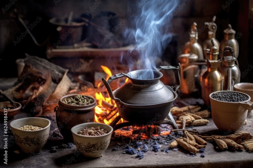 chai tea brewing process step-by-step arranged near the fire, created with generative ai chai tea brewing process step-by-step arranged near the fire, created with generative ai