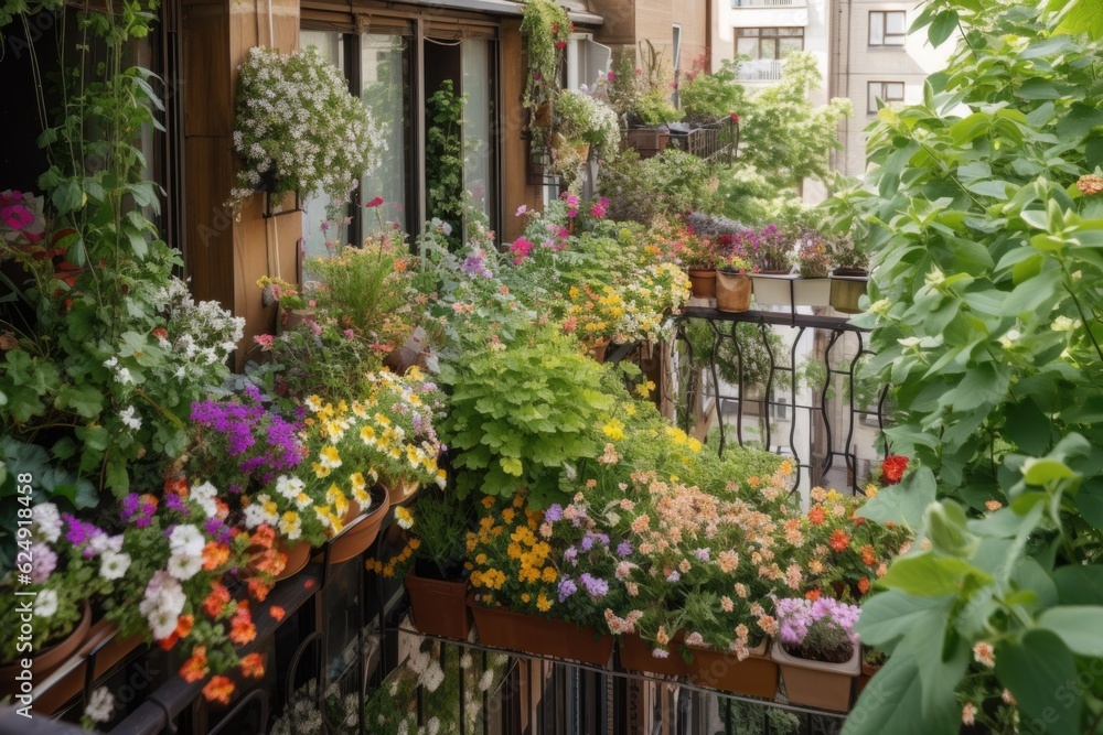 balcony garden overflowing with blooms and greenery in spring, created with generative ai balcony garden overflowing with blooms and greenery in spring, created with generative ai