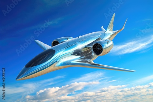 futuristic high-speed aircraft soaring in clear blue sky, created with generative ai