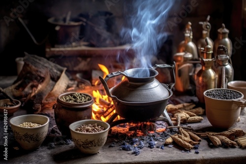 chai tea brewing process step-by-step arranged near the fire, created with generative ai