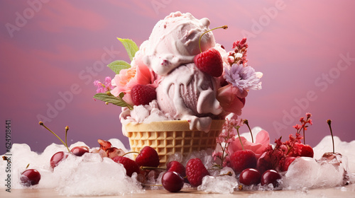 Colorful Summer Ice Cream Treat in a Waffle Cone - Decorated with Flowers and Fruits - Pastel Pink, Purples, and Blue Hues with Food Photography Style and Studio Lighting Effect - Generative AI
