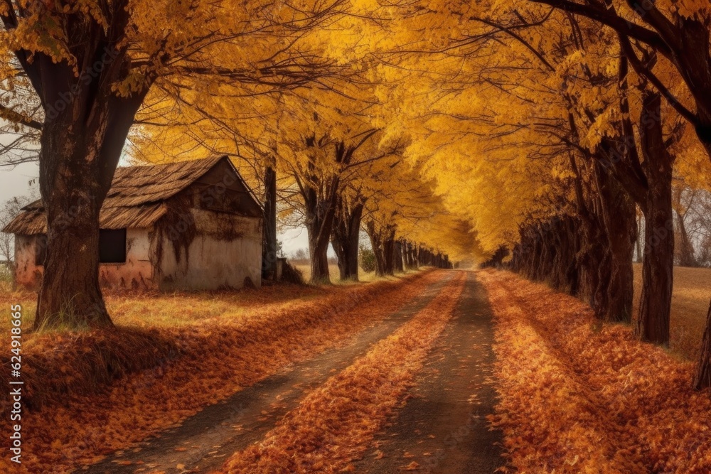 golden autumn leaves framing a countryside road, created with generative ai