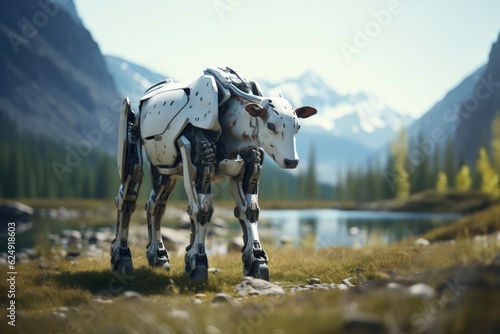 Robot cow in the nature. Generative AI art © Drpixel